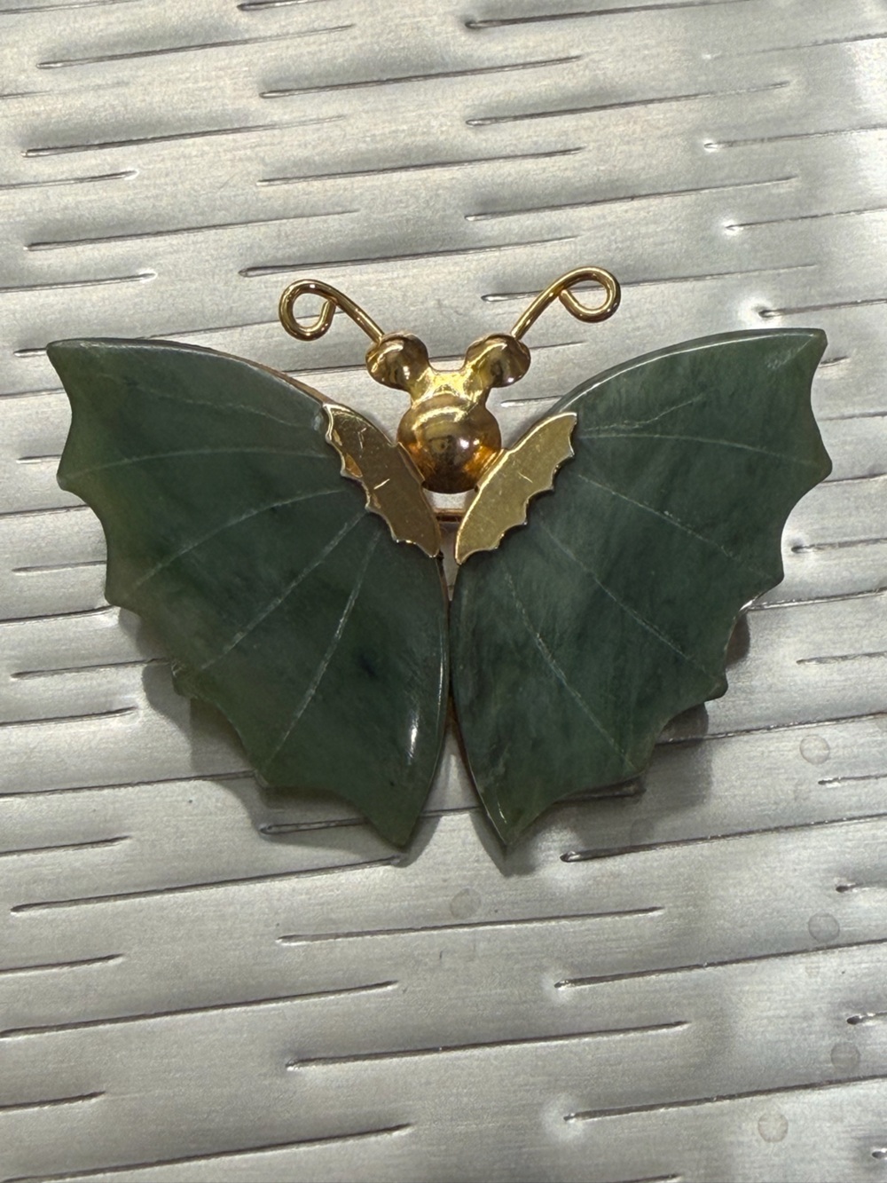 Vintage Jade Butterfly Brooch Pin Gold Tone